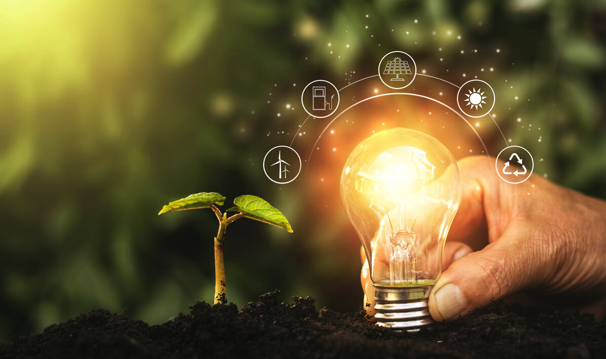 Eine leuchtende Glühbirne im Grünen umgeben von Icons rund um Energie - symbolische Darstellung der Aktion zum individuellen Sanierungsfahrplan von der Wüstenrot Energieberatung