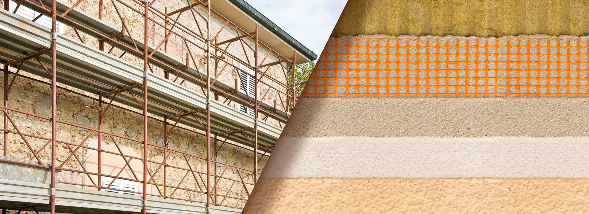 Ein zweigeteiltes Bild - links sieht man eine Hausfassade mit Baugerüst und rechts verschiedene Schichten der Wand - symbolische Darstellung für die Sanierung von Einzelmaßnahmen mit der Wüstenrot Energieberatung