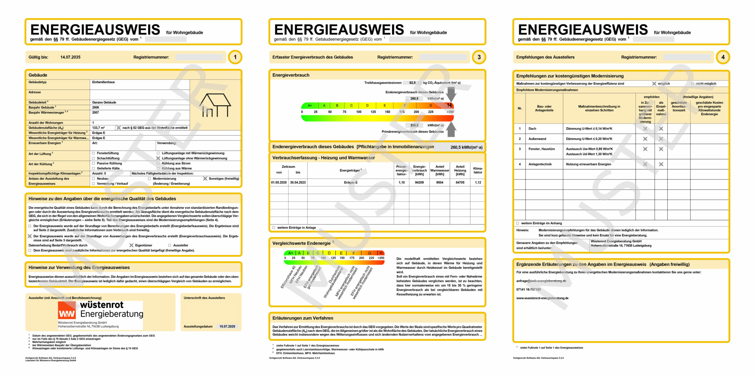 Muster eines verbrauchsbasierten Energieausweises der Wüstenrot Energieberatung