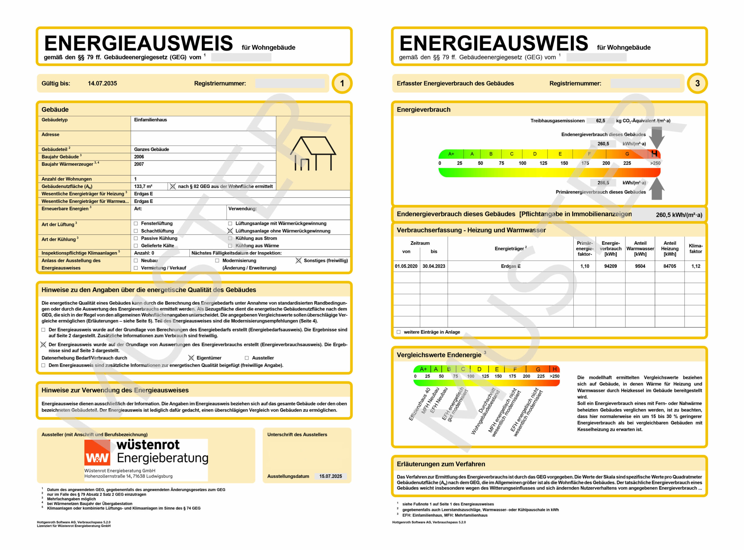 Muster eines verbrauchsbasierten Energieausweises der Wüstenrot Energieberatung