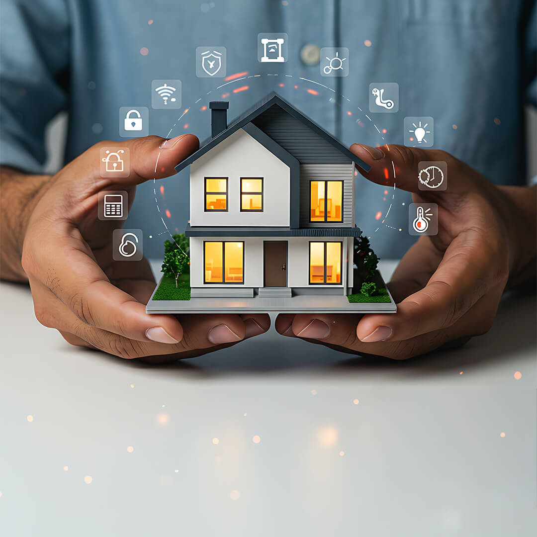 Ein Mann hält ein kleines Haus in der Hand, um welches rund herum verschiedene Symbole leuchten - symbolische Darstellung für den Weg zum Effizienzhaus mit der Wüstenrot Energieberatung