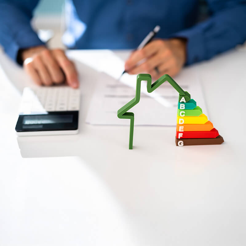 Ein Mann sitzt vor einem Schreibtisch, auf welchem Unterlagen, ein Rechner sowie eine Energieskala zu sehen sind - symbolische Darstellung für die kostenlose Energie Einstiegsberatung der Wüstenrot Energieberatung