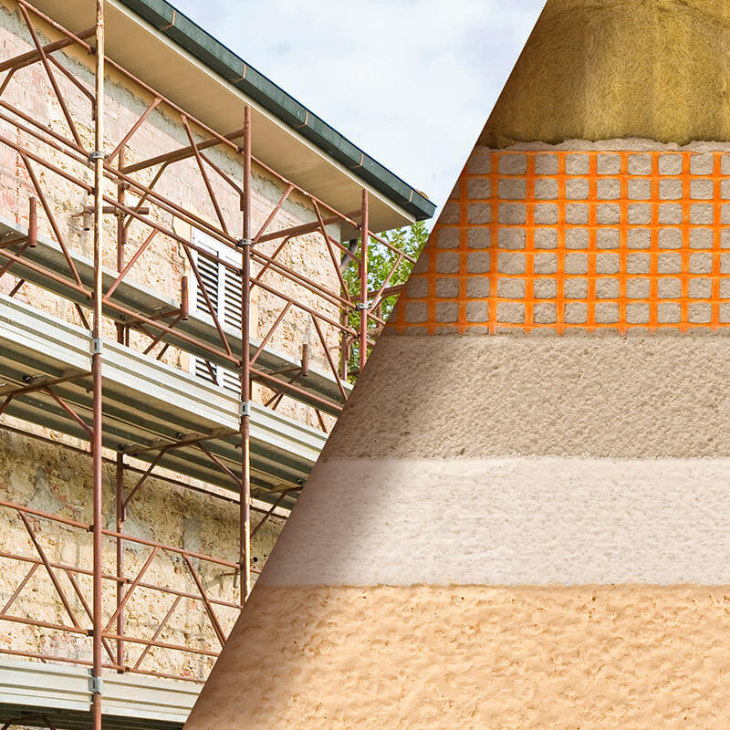 Ein zweigeteiltes Bild - links sieht man eine Hausfassade mit Baugerüst und rechts verschiedene Schichten der Wand - symbolische Darstellung für die Sanierung von Einzelmaßnahmen mit der Wüstenrot Energieberatung